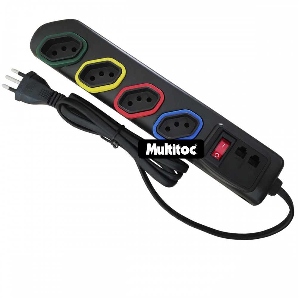 Filtro de Linha Bivolt com 4 Tomadas, Chave Disjuntora e Adaptador Telefônico